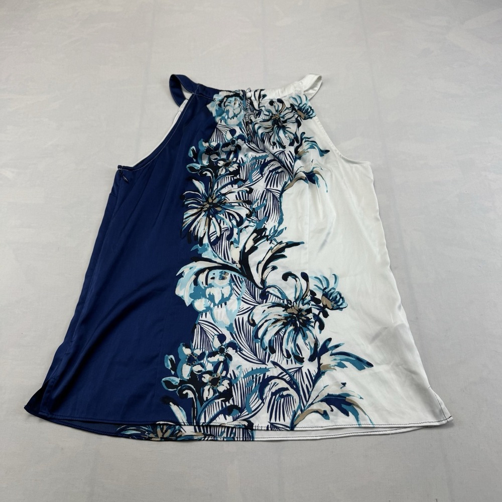 White House Black Market Womens S Blouse Blue White Floral Halter Neck Top - Picture 6 of 6